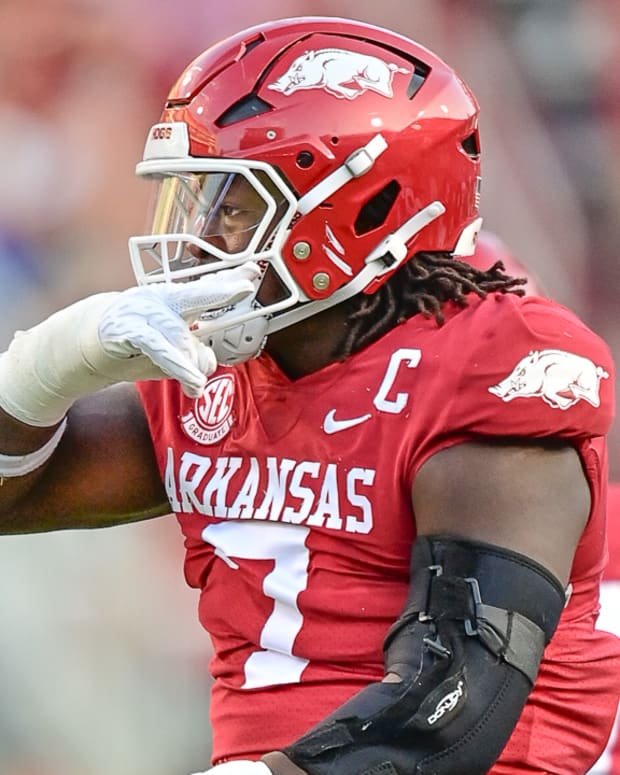 Razorbacks defensive end Trajan Jeffcoat in BYU game on Saturday